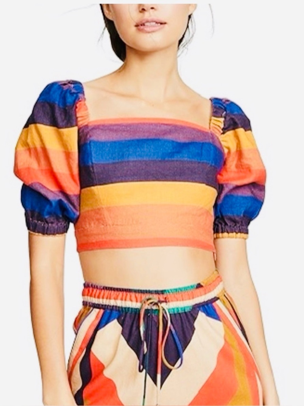 Farm Rio Rainbow Multicolor Striped Short Puff Sleeve Linen Crop Top Size Small - Picture 2 of 11